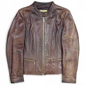 Michael Michael Kors Women’s Genuine Brown Lamb Skin Leather Moto Jacket Size L